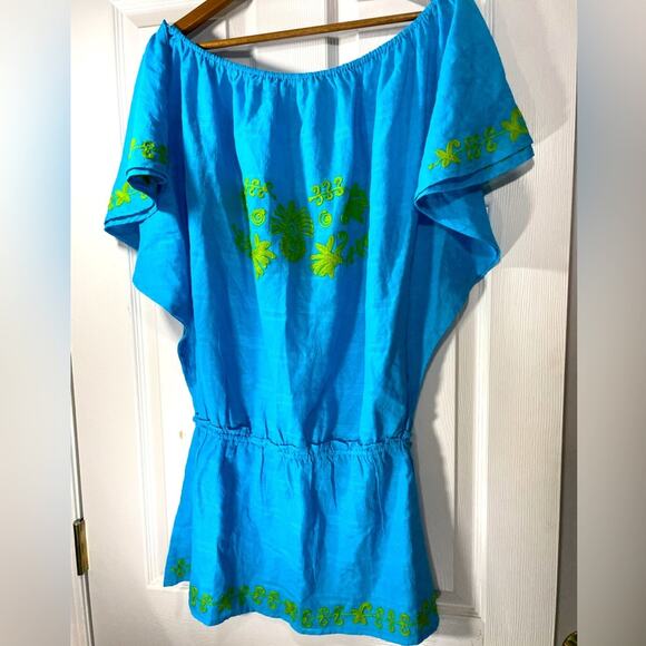 Debbie Katz South Beach Embroidered Turquoise Tunic with Fluted Sleeves Sz Large - Picture 1 of 10
